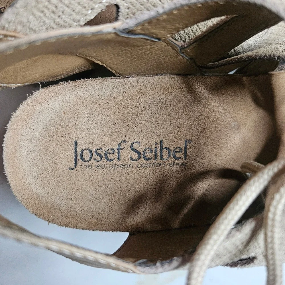 Josef Seibel Tonga Beige Leather Lace Up Strappy Sandal Heel‎ Womens 39 US 8 8.5